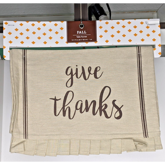 Thanksgiving GIVE THANKS Table Runner Natural Cotton 72" x 14" Ruffle Ends NWT - Picture 1 of 3